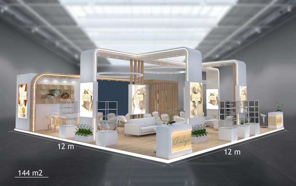 Stand de 144 m² (12 × 12 m) : double arche lumineuse, salon central et réserve intégrée.
